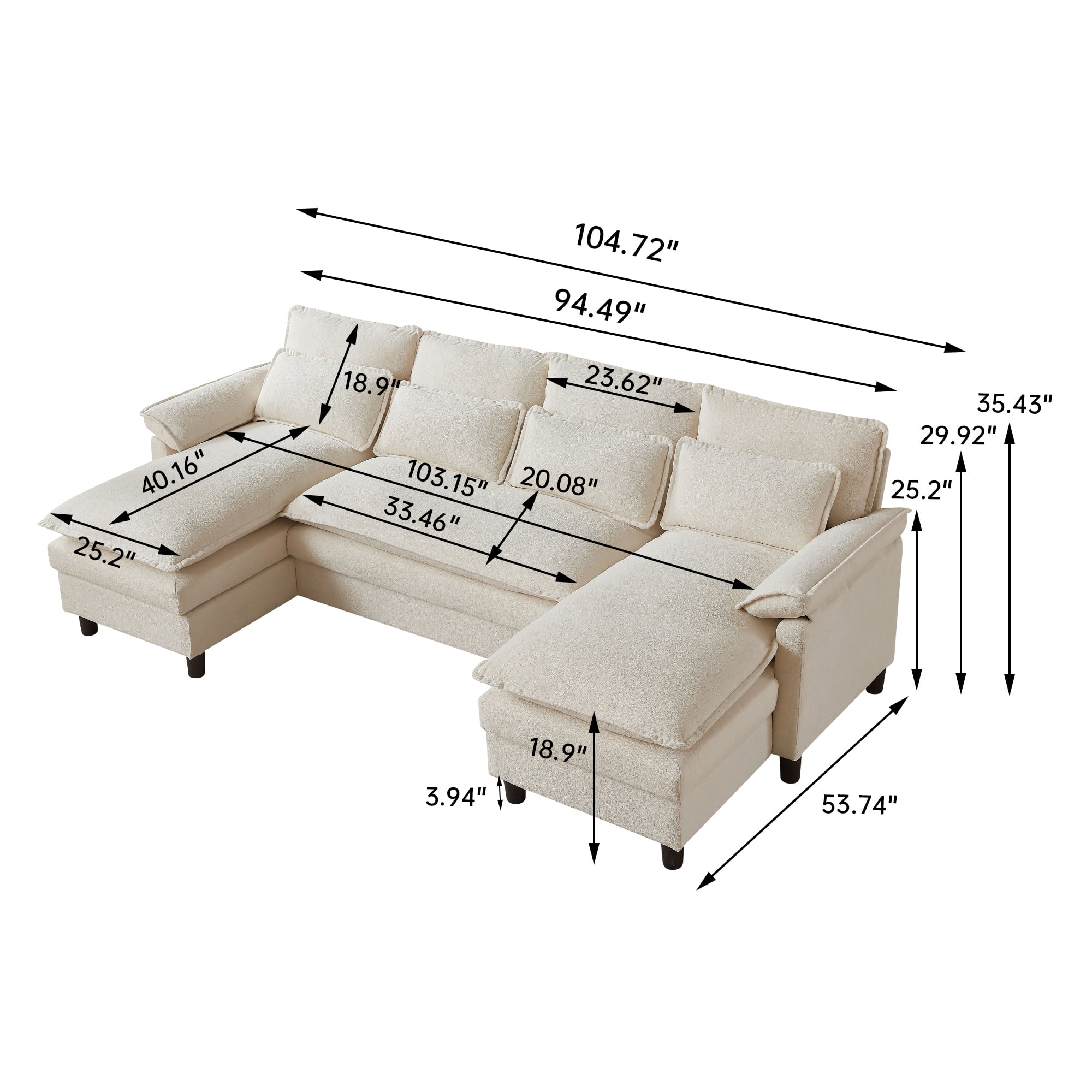Soscana U Shaped Cloud Couch Sectional Sofa 4 Seat with Double Chaise, Modern Linen Sofa with Waist Pillows for Living Room Apartment Office Studio,Beige