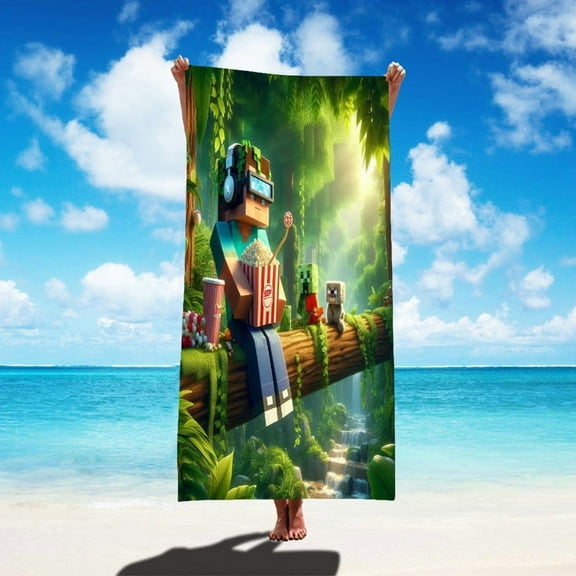 Minecraft Character Bath Towel – Soft Microfiber with Pixel Design – 30 x 60 Inch