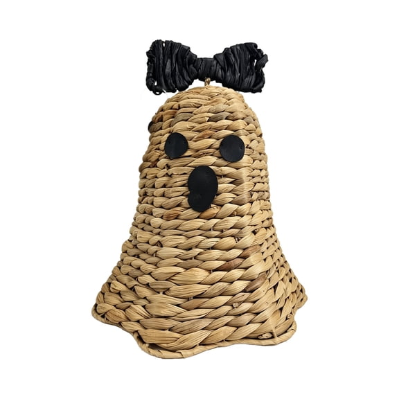Rirozkan Handwoven Water Hyacinth Ghost Figurine, Black Bow Accent, Halloween Spooky Tabletop Decor for Indoor Shelf, Mantel, Party Display