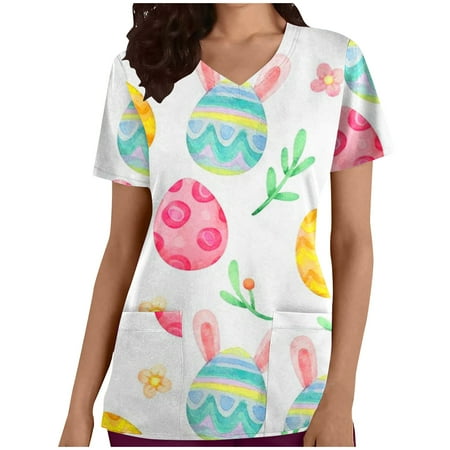 

JGGSPWM Easter Scrub Tops for Women Easter Animal Print Short Sleeve V Neck Medical Nurse Uniform with Pockets Rabbit Print Nursing Tops White-03 L