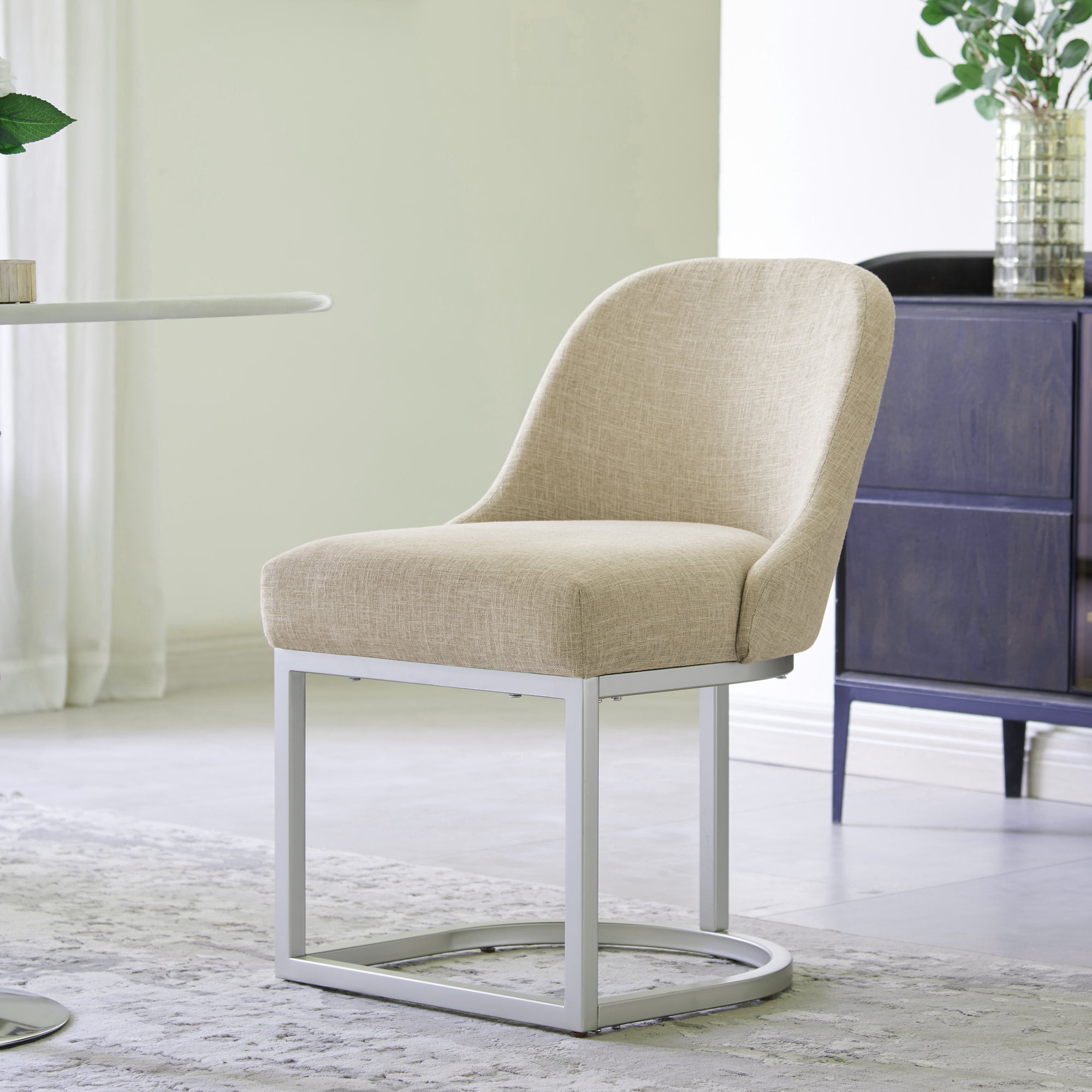 Upholstered Barrelback Dining Chair with Pewter Metal Base, Modern Oatmeal Linen, Set of 2