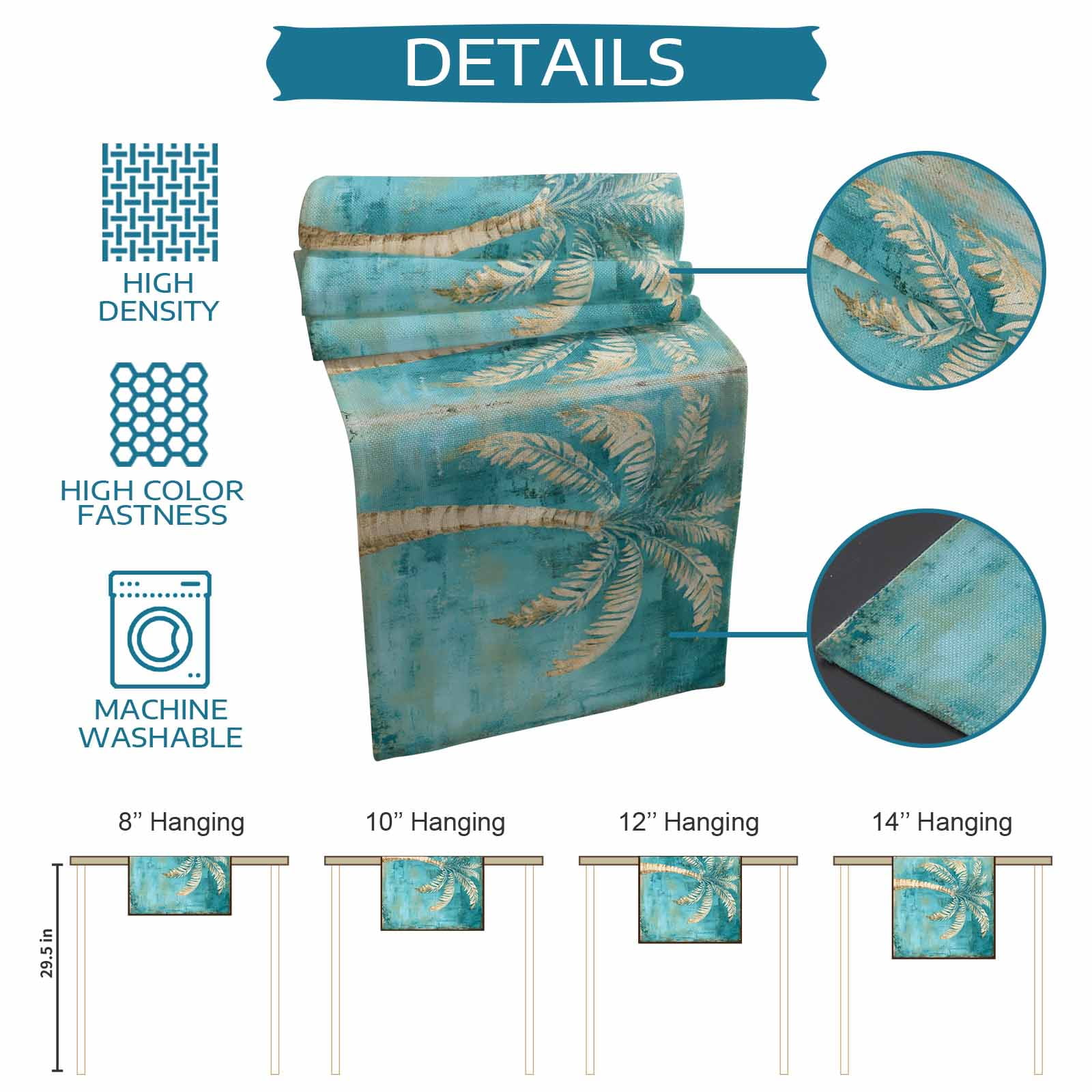 Green Tree Coastal Beach Cotton Linen Table Runner for Dining Kitchen, Vintage Tropical Plant Wedding Outdoor Party Tablerunners Decoration, Dresser Scarf Coffee Tablecloth Runners 13x70 Inches