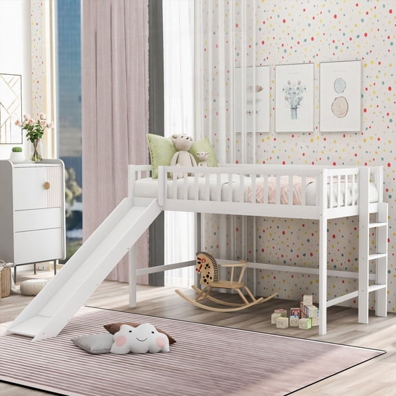 Twin Size Low Loft Bed in White with a Removable Slide and Vertical Ladder Design