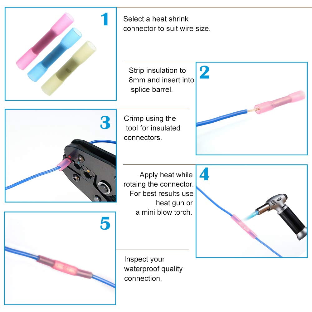 16-14 Awg Butt Connectors 50-Pack Blue Heat Shrink Butt Connectors - Waterproof Crimp Terminals For 14-16 AWG Wire Blue Heat Shrink Connectors