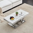thumbnail image 3 of 46.85" Marble Coffee Table, Rectangular Faux Marble Top with Silver Mirrored Stainless Steel Double O-Base, for Living Room, Hallway, Lounge Area, 3 of 5