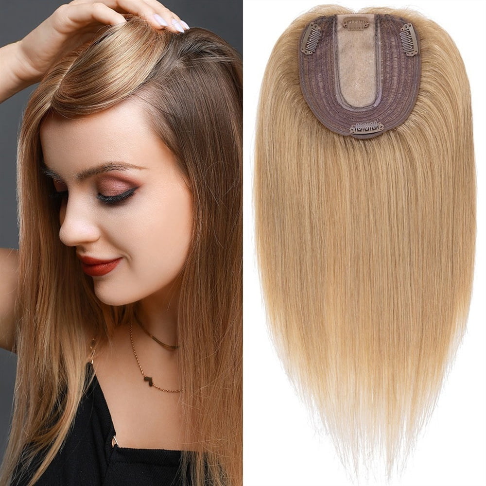 6-18 Inch Human Hair Topper for Women, Real Human Hair No Bangs 10*12 CM Injection Silk Base Hair Topper Clip In Straight Hair Extensions Hairpieces