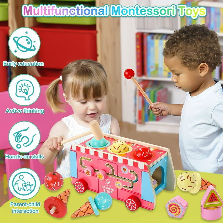 Wooden Montessori Toys for 1 Year Old, Hammering Pounding Toys, with Whack A Mole Fishing Game Xylophone Preschool Learning Educational Toys, for 1 2