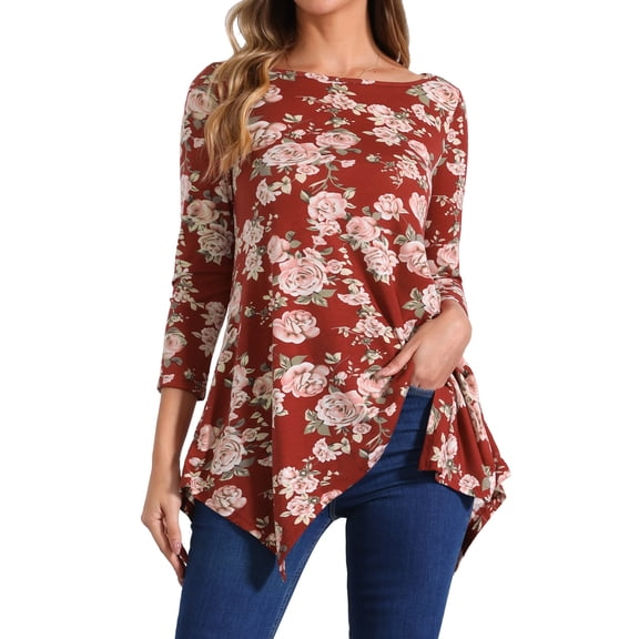 DARING DIVA Women's 3/4 Sleeve Floral Print Loose Fit Asymmetrical Hem Top Wine Red S