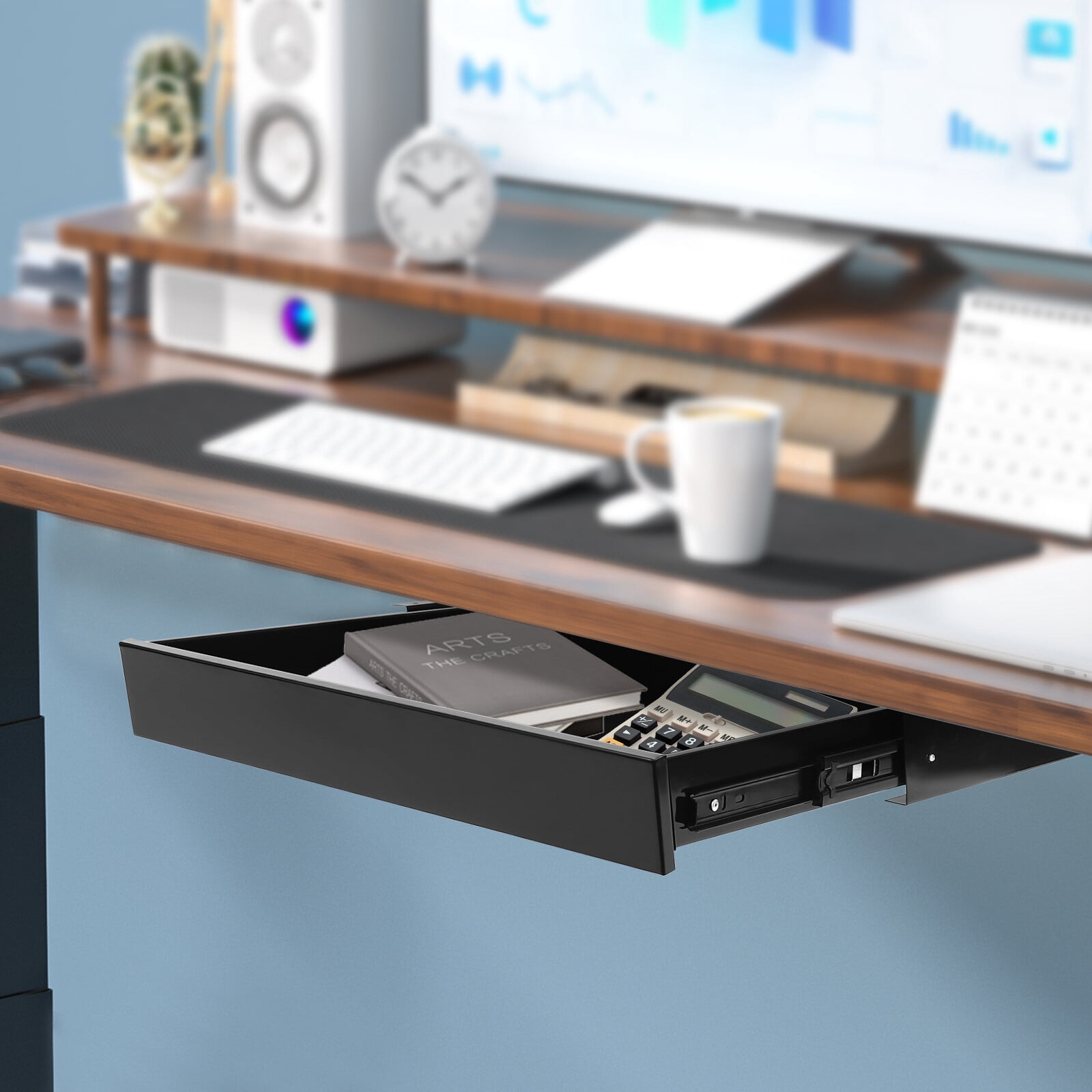 21.6*14*2.875in Modern Black Under Desk Mounted Drawer Storage Organizer Sliding Pullout Drawer Standing Desk