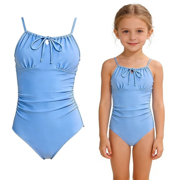 Kids Girl Swimsuit Halter 1 Piece Bathing Suit Quick Dry Swimwear Ruched Girls Swimwear Size 6-7 Years