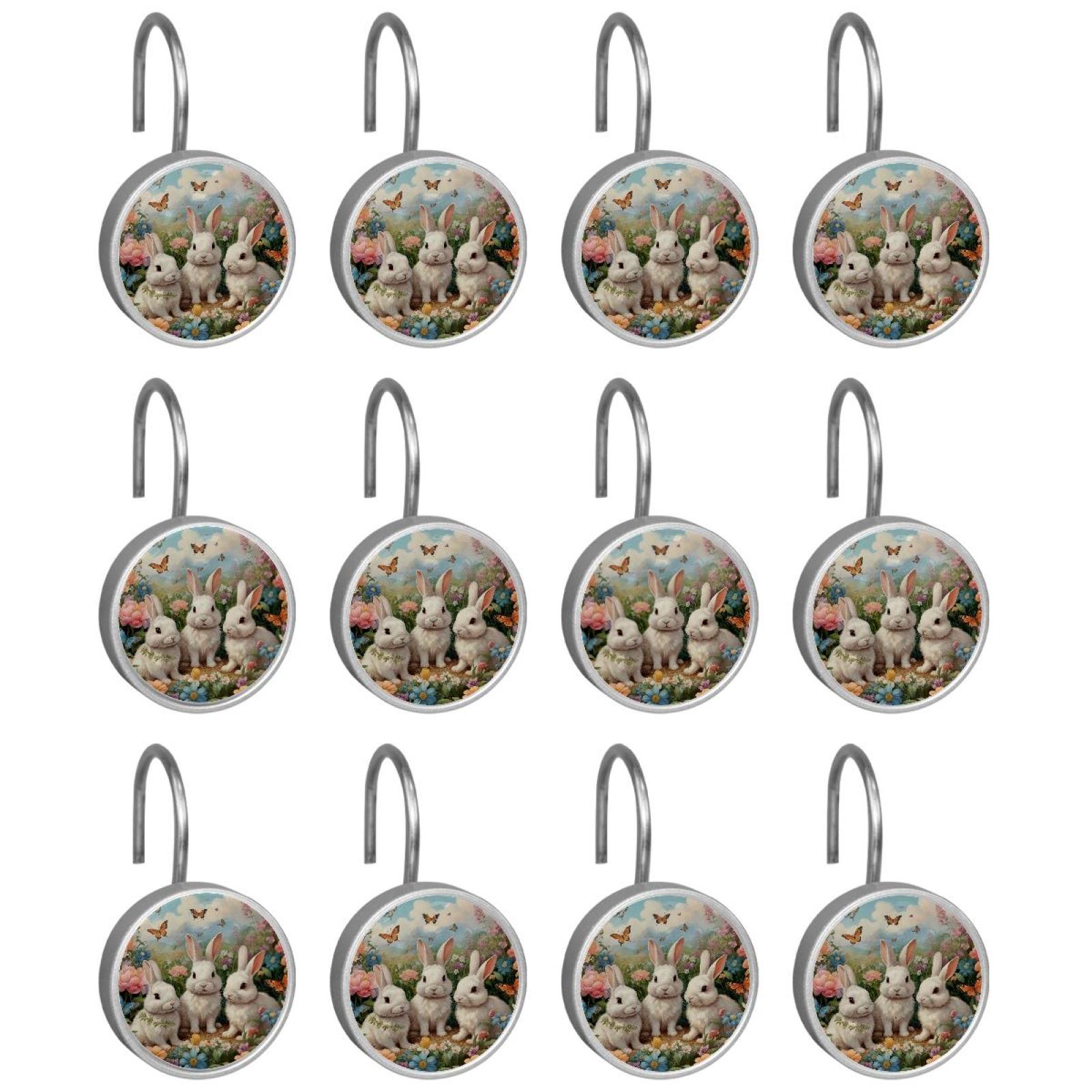 Imobaby 12 Pcs Metal Shower Curtain Hooks Rust Proof for Shower Curtain Liner - Little Rabbit Flower Cluster Gathering