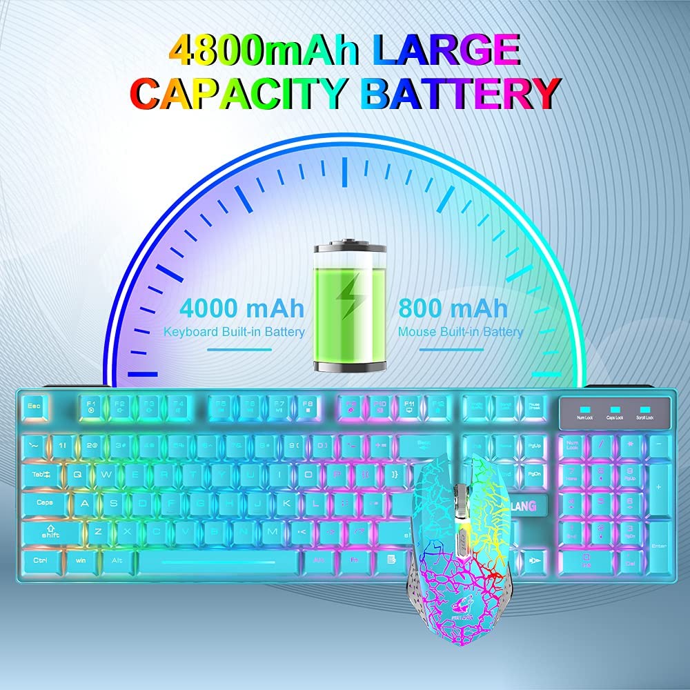 T3 Wireless Keyboard Mouse Combo,Rainbow Backlit 2.4G Rechargeable 2400DPI 6-Button Optical Mice+Pad
