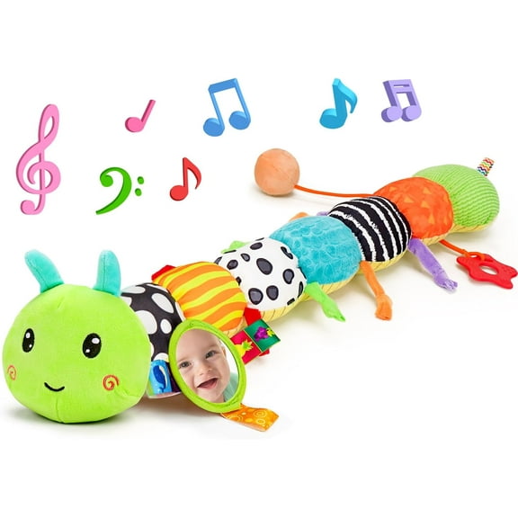 Baby Sensory Toy 0-6 Month Music Animal Stuffed Plush Caterpillar Toy for Infant 0-3-6-12 Month Old Tummy Time with Baby Mirror Crinkle Rattle Carseat Toys for Newborn Boys Girl Shower