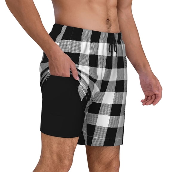 Men's Black White Plaid Swim Trunks with Compression Liner Bathing Suit Swimwear