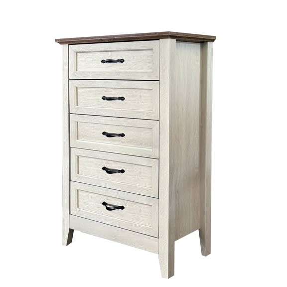 Tzou 5 Drawer Dresser, Farmhouse Tall Dresser for Closet, Rustic Chest of Drawer with Wide Metal Handles, Wood Dressers Organizer for Bedroom, Living Room, Hallway