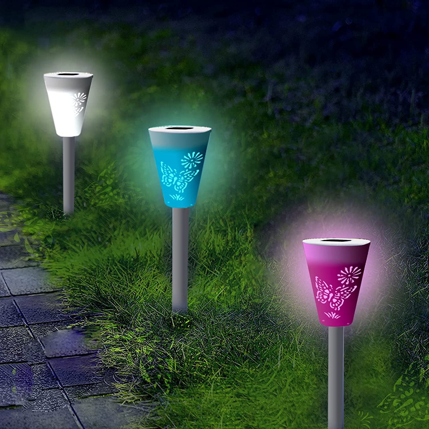 Color Changing LED Solar Lights Stainless Steel Path Landscape Walkway 