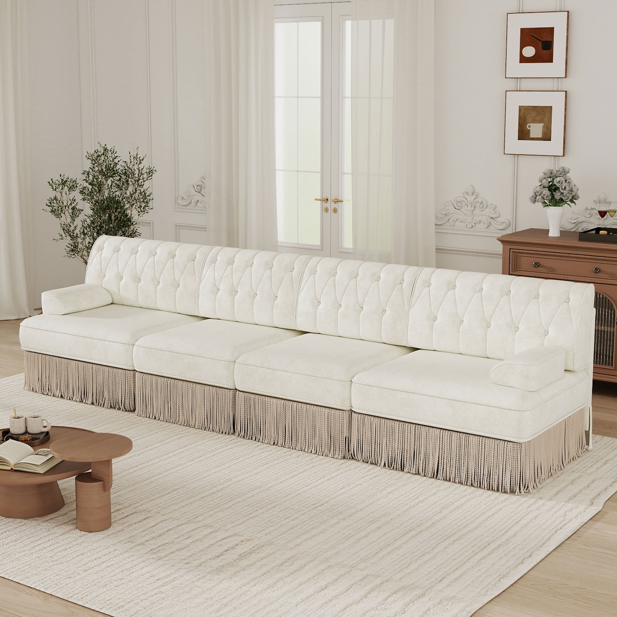 MAYEERTY 135 Inch Modular Chesterfield Sofa, 4-Seater Button Tufted Modular Couch, Solid Wood Base for Home Lounge Space