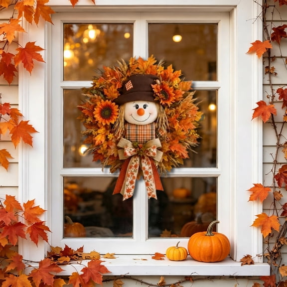 Lighted Scarecrow Fall Wreath With Sunflowers & Maple Leaves, Rustic Burlap Autumn Door Decor For Farmhouse, Thanksgiving & Harvest Season,Orange - 40Cm