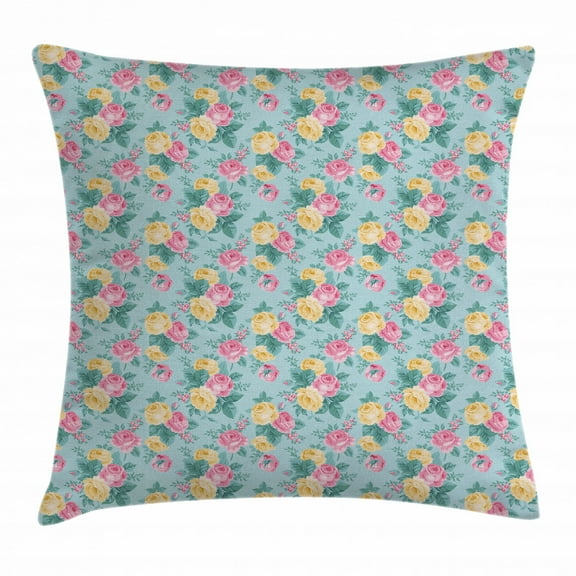 Shabby Chic Decor Throw Pillow Cushion Cover, Colorful Roses Vegetation in Summer with Leaves Bridal, Decorative Square Accent Pillow Case, 20 X 20 Inches, Light Pink Yellow Turquoise, by Ambesonne