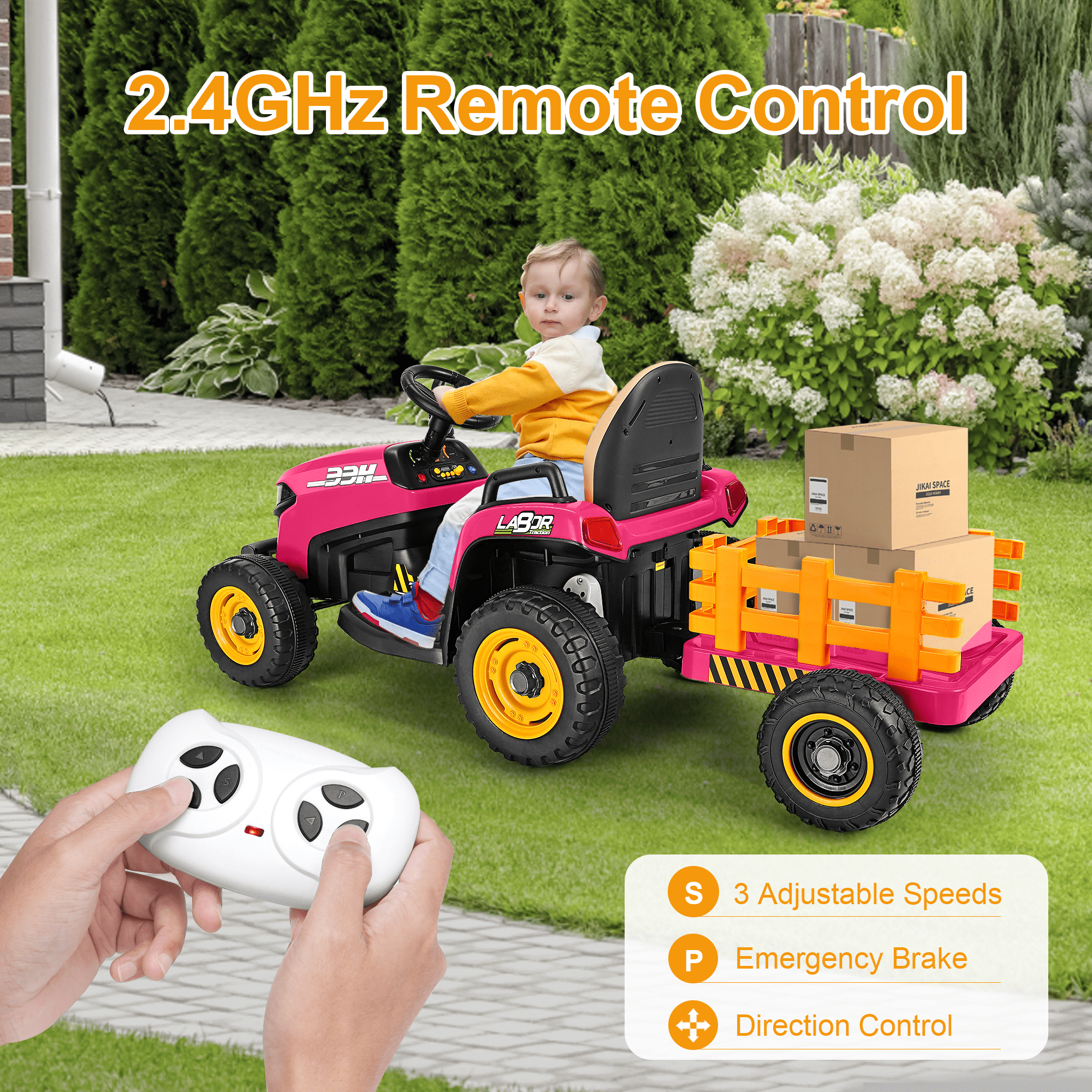 East doll 12V Ride on Tractor with Tiltable & Detachable Trailer, up to 3.1Mph Truck with Parental Remote, Music Player, Bluetooth Function & Headlight