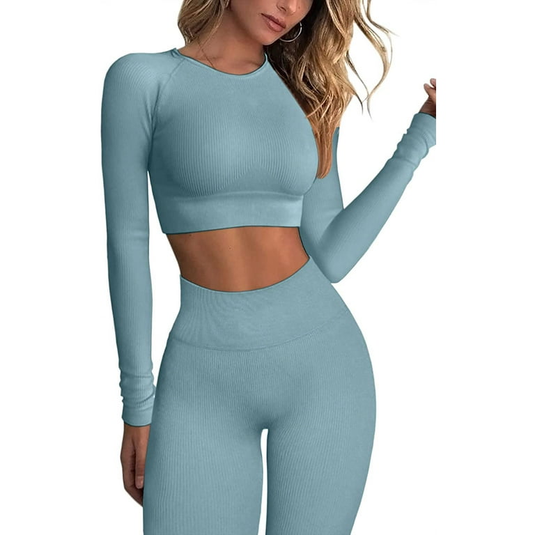 Women's 2 Piece Workout Outfits Sexy Skinny Long Sleeve Crop Top Tummy  Control High Waist Leggings Sets Yoga Tracksuit