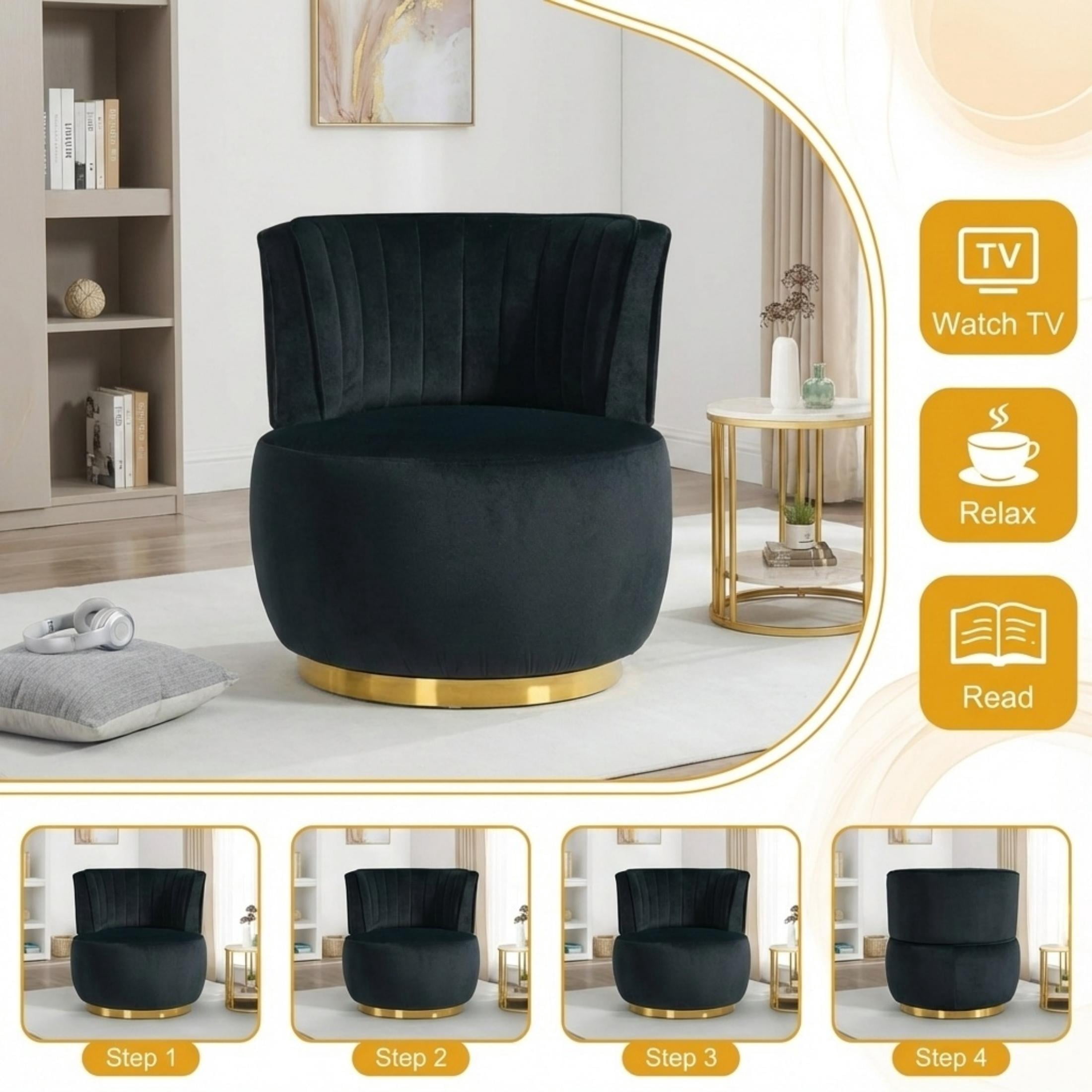 Aukfa 360-Degree Swivel Barrel Chair, Modern Velvet Round Accent Chair for Nursery and Living Room, Black