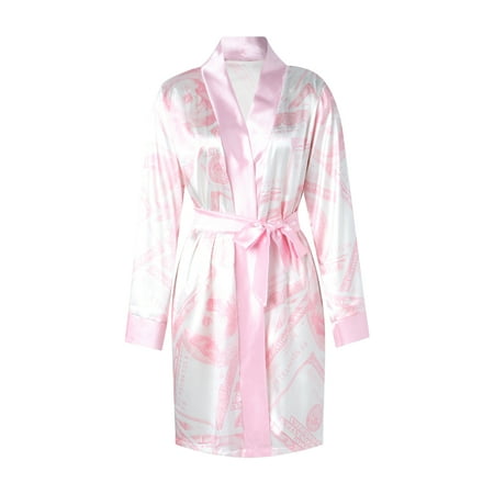 

Seyurigaoka Women s Satin Robe Trendy Dollar Print Long Sleeve Silky Kimono