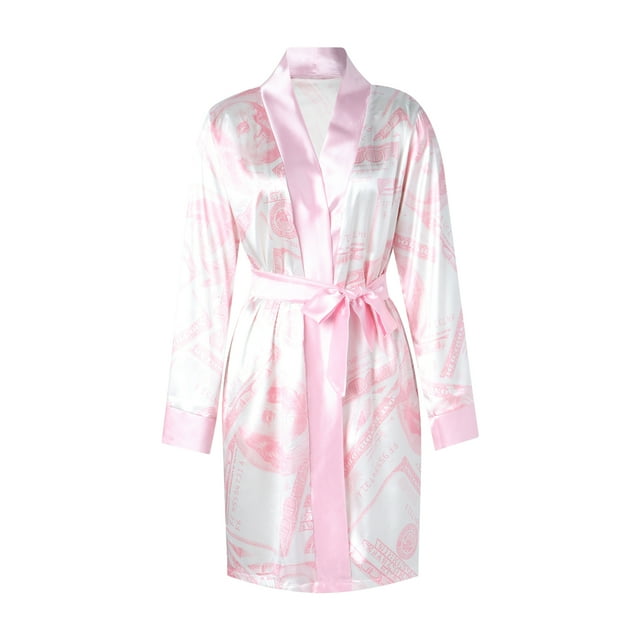 SUNSIOM Robe en Satin pour Femmes Imprimé Dollar Manches Longues Kimono Soyeux Peignoir