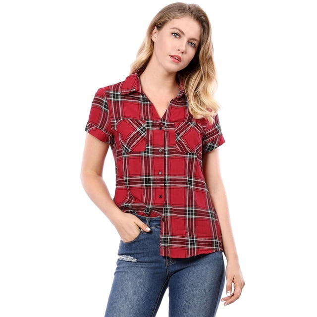 Camisa de cuadros Allegra K estilo Western de Algodón Clásico con botones Rojo XS