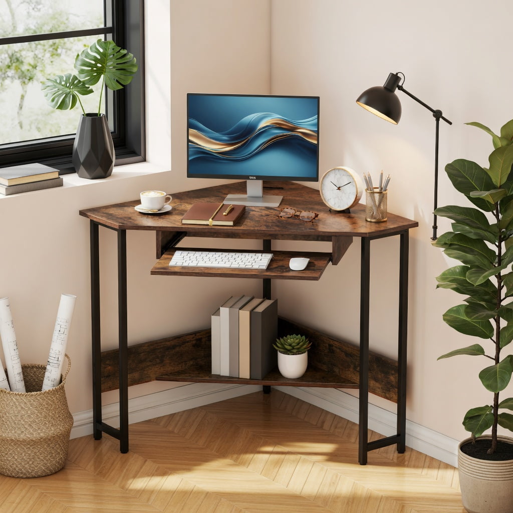Yardi Yard Triangle Corner Desk with Charging Station Keyboard Tray and Storage Shelf-Rustic Brown, Computer Desk, Gaming Computer Desks for Study,Working,Writing