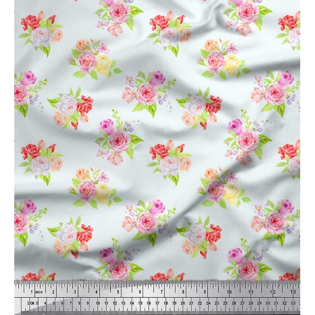 Soimoi Blue polyester Crepe Fabric Leaves & Grandiflora Roses Floral Decor Fabric Printed Yard 52 Inch Wide