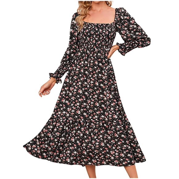 PEZHADA Dresses for Women Fashion Large Long Sleeve Chiffon Retract Waist Pendulous Dress Fall Maxi Dresses Black