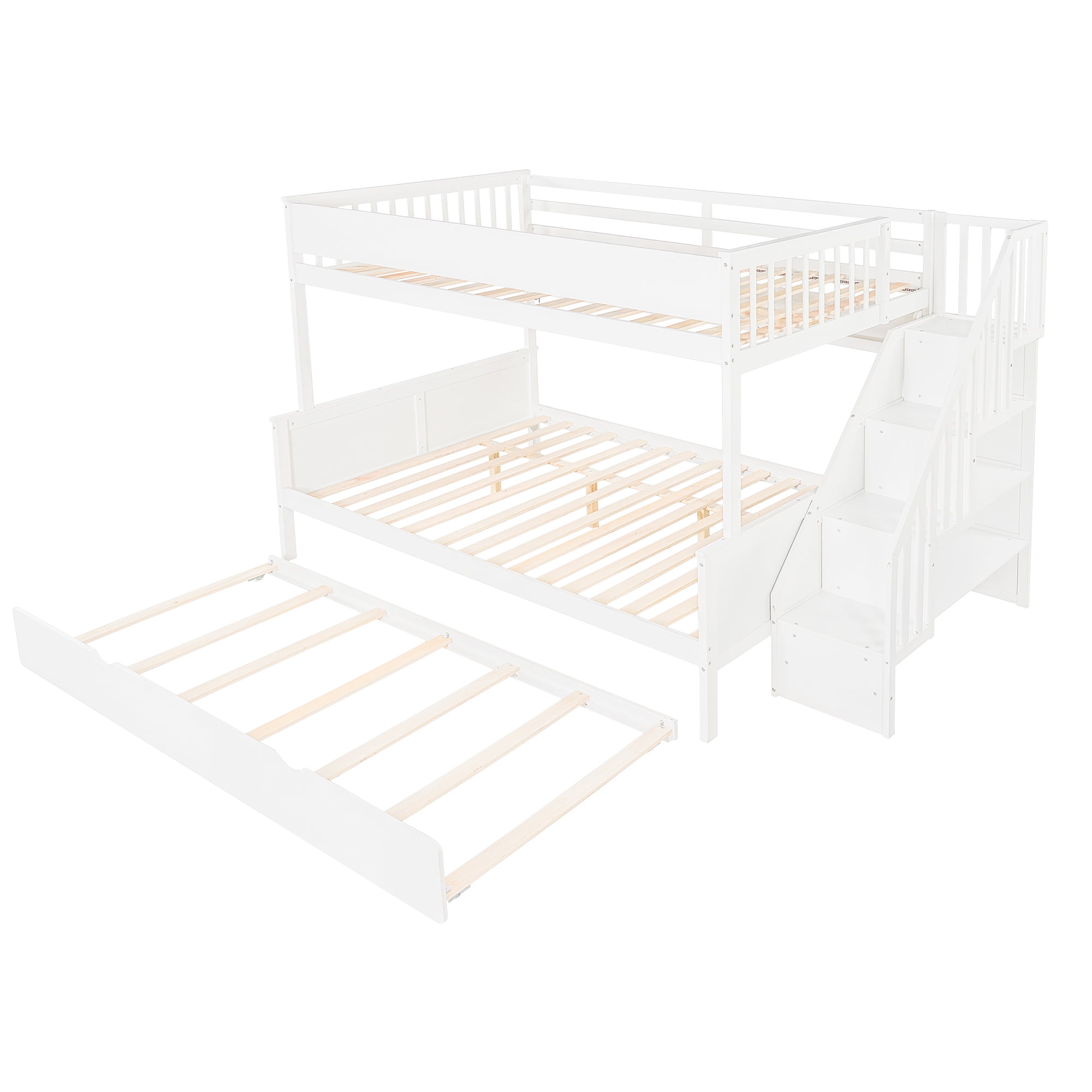 Euroco Full XL over Queen Bunk Bed with Storage Staircase and Shelves, Wood Bed with Trundle and LED Light, White
