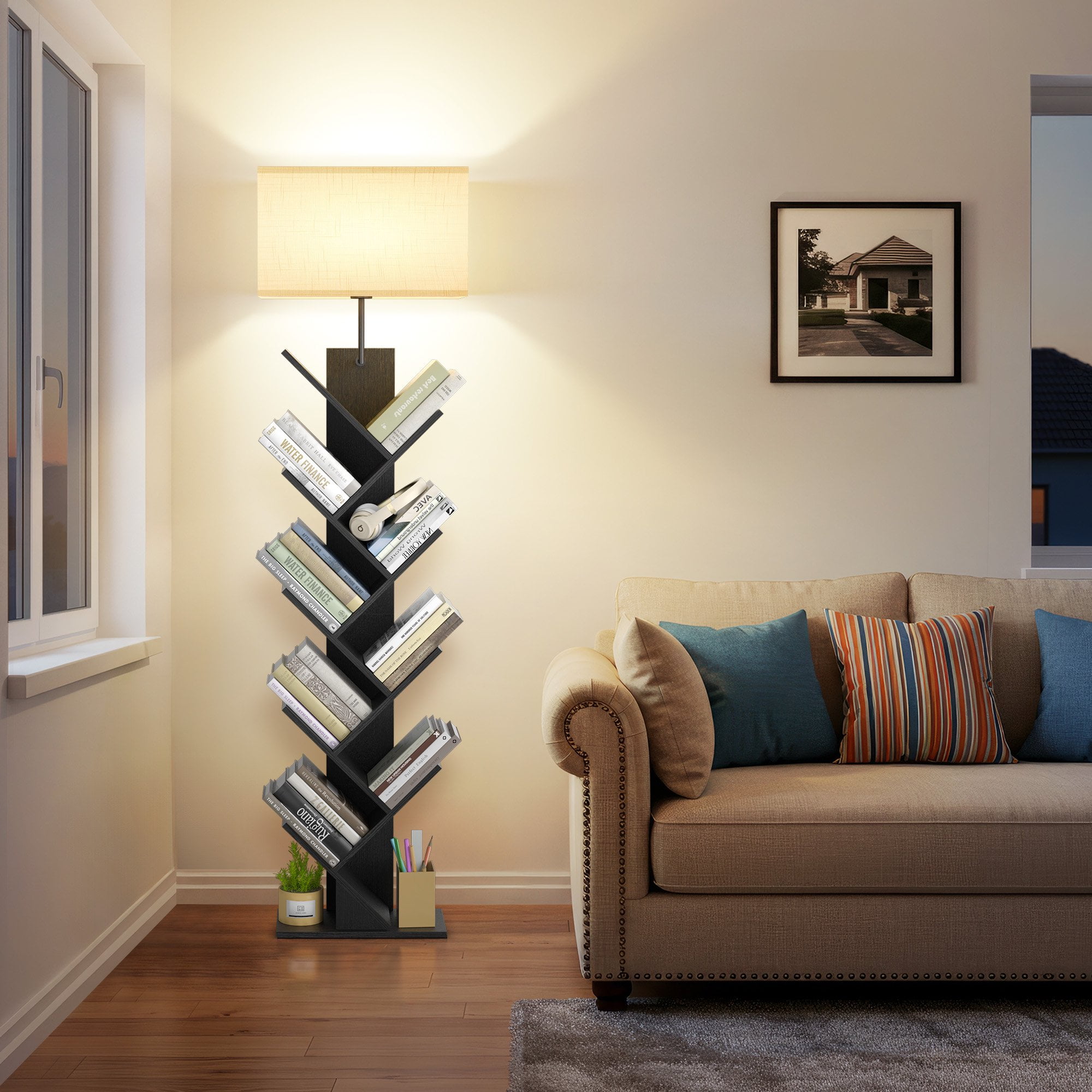 OUTONLIFE Floor Lamp with Shelves,Tree Bookcase with Light, 9-Tier Floor Standing Bookshelf for Living Room Bedroom, Office,Black