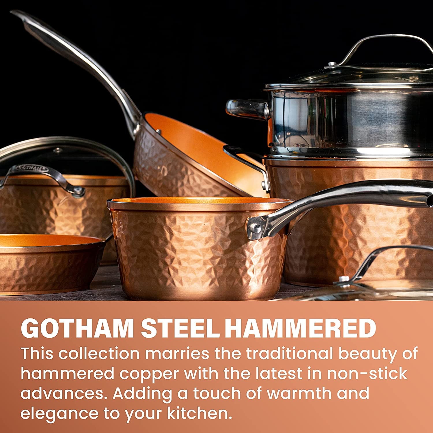 Gotham Steel Hammered 20 Pc Ceramic Cookware Set Nonstick, Induction Pots and Pans Set, Non Toxic Cookware Sets, Oven & Dishwasher Safe, Copper