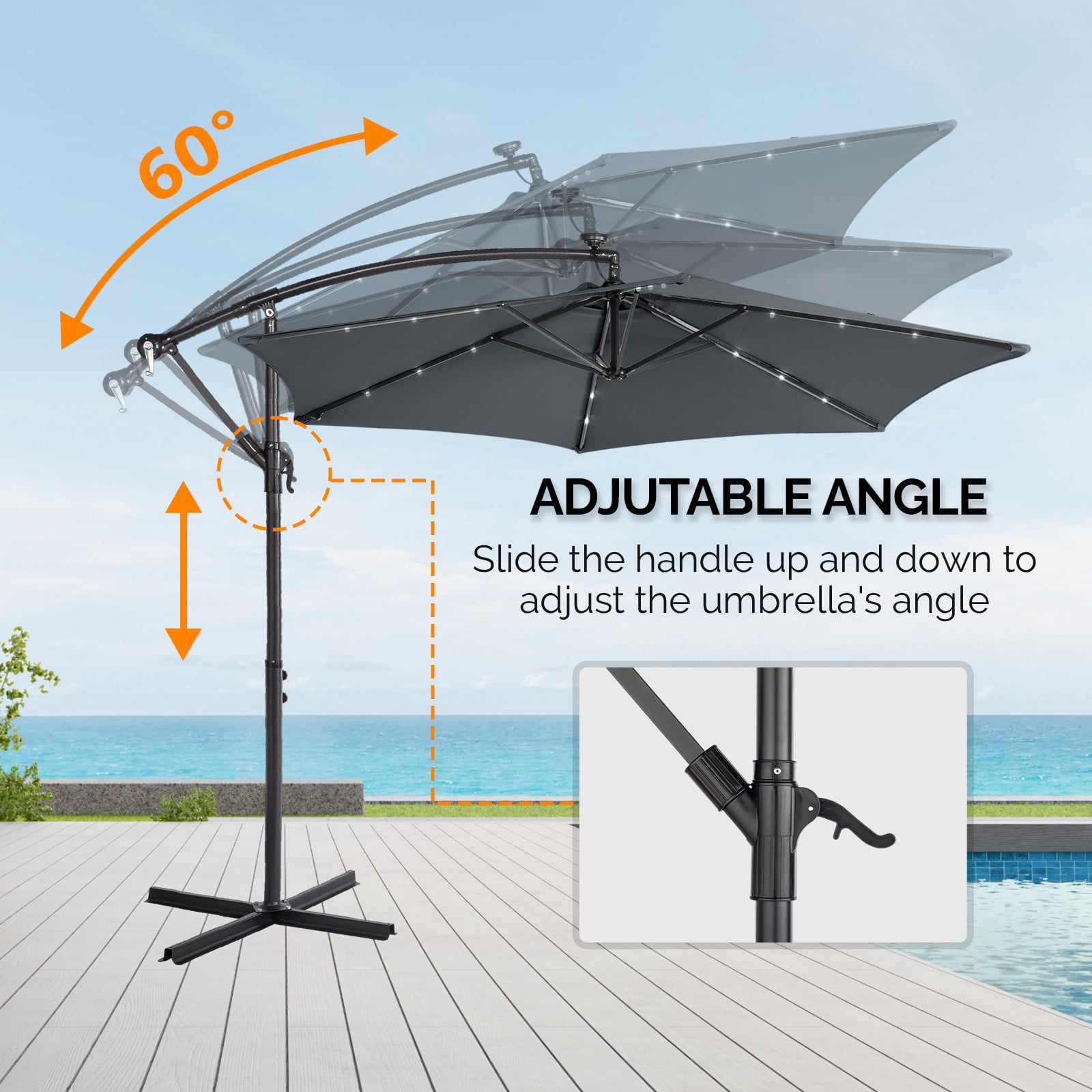 10FT Round Banana Patio Umbrella with LED Lights - Waterproof Polyester Canopy, 6 Iron Ribs, Cross Base & LED Lighting for Outdoor Shading