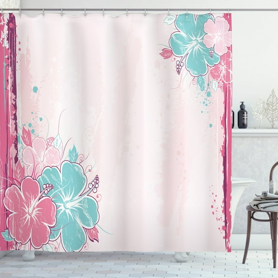 Ambesonne Flower Shower Curtain, Bouquet of Hibiscus Art, 69"Wx75"L, Turquoise Pale Pink