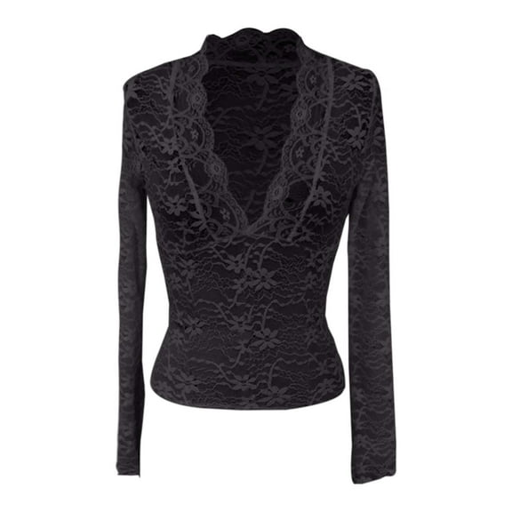 Dpytoraw Solid Color Slim Fit V Neck Long Sleeve Lace Camisole Top