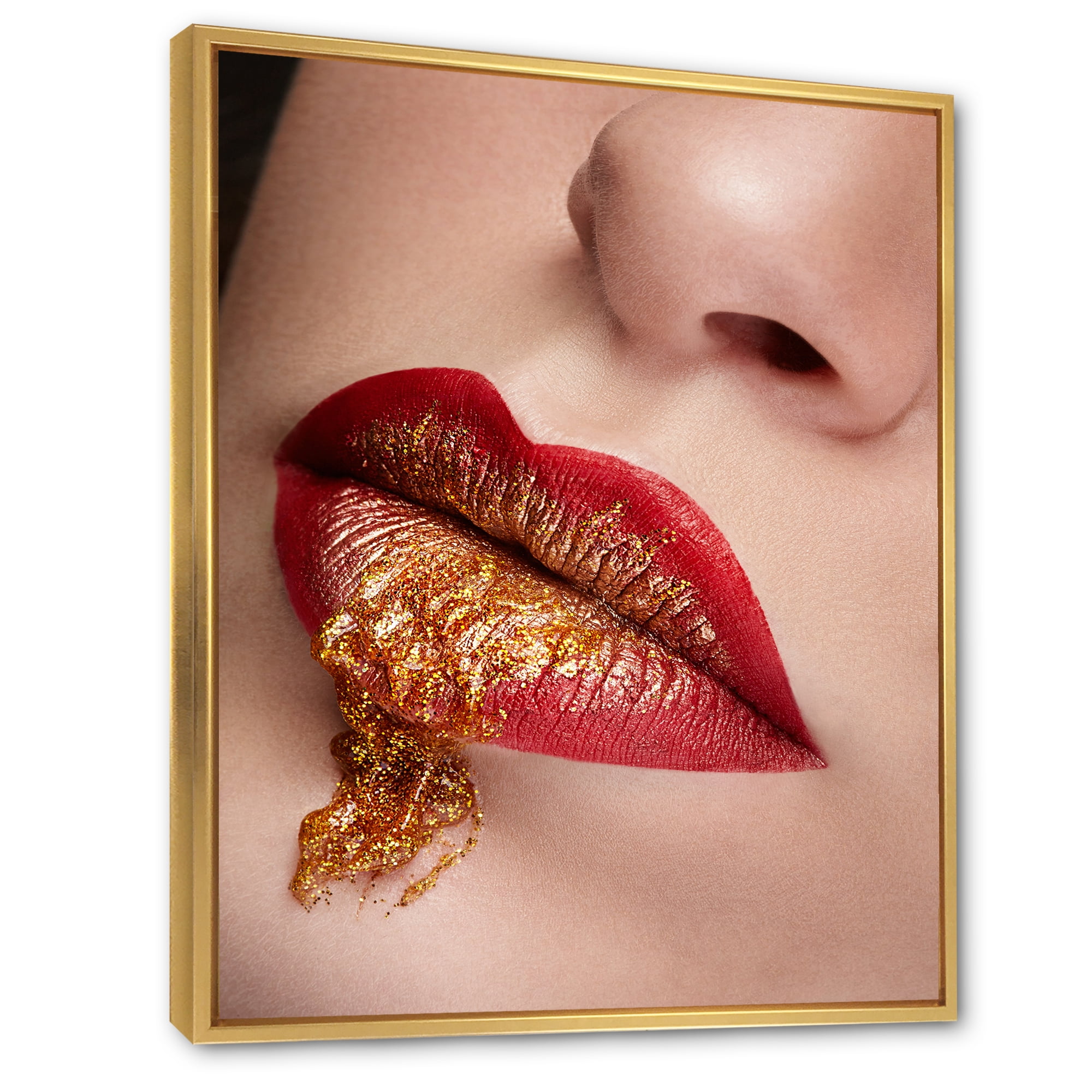 Designart 'Close Up Lips With Gold and Red Make Up' Modern Framed Canvas Wall Art Print
