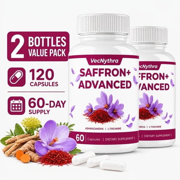 VecNythra Saffron Plus with Ashwagandha, Magnesium, Rhodiola and Curcumin, Dietary Supplement, 120 Capsules