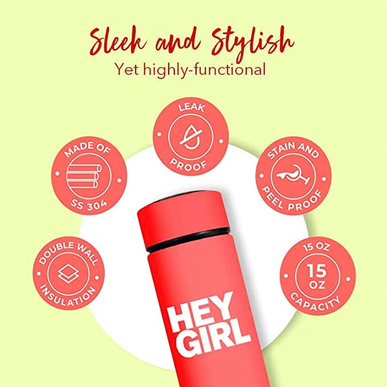 Hey Girl Tea Infuser Bottle 450ml - Insulated Stainless Steel Water Bottle (Coral Red)