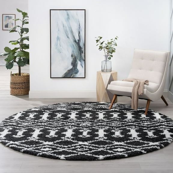 Contemporary Area Rug Shag Thick (5'3'' Round) Geometric Dark Gray, White Indoor Round Easy to Clean