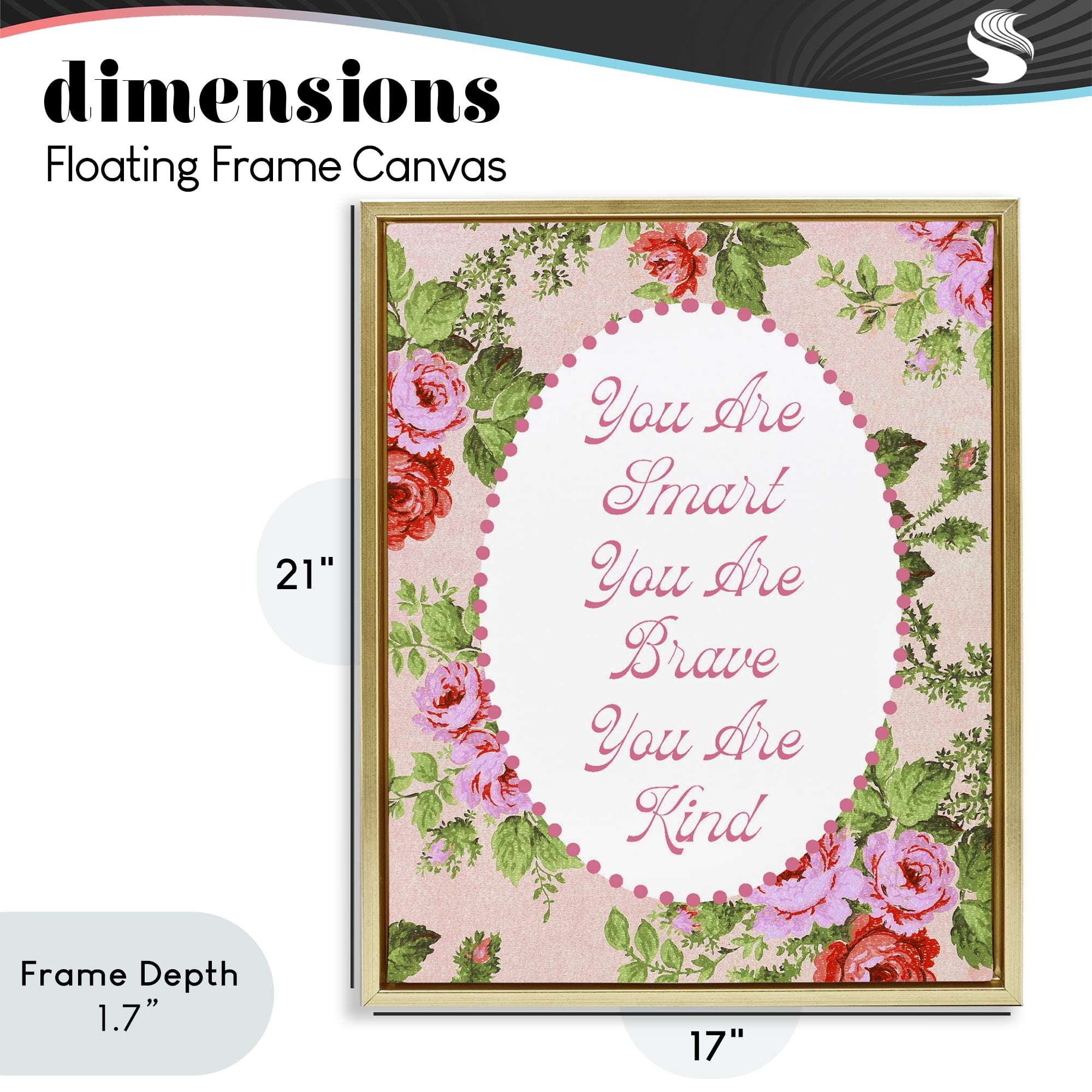 Stupell Industries Smart Brave & Kind with Vintage Florals Gold Framed Floater Canvas Wall Art, design by Lil' Rue
