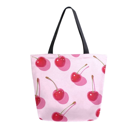 Durable Canvas Tote Bag with Zip Pocket Bags for Woman Shoulder Versatile Carryall for Everyday Use Red Cherries