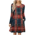 thumbnail image 2 of ClodeEU Women's Plaid Color Block Knee Length Loose Dress,Casual Crew Neck Tunic Dresses Trendy Outfits Red,Womens Plus XL, 2 of 6