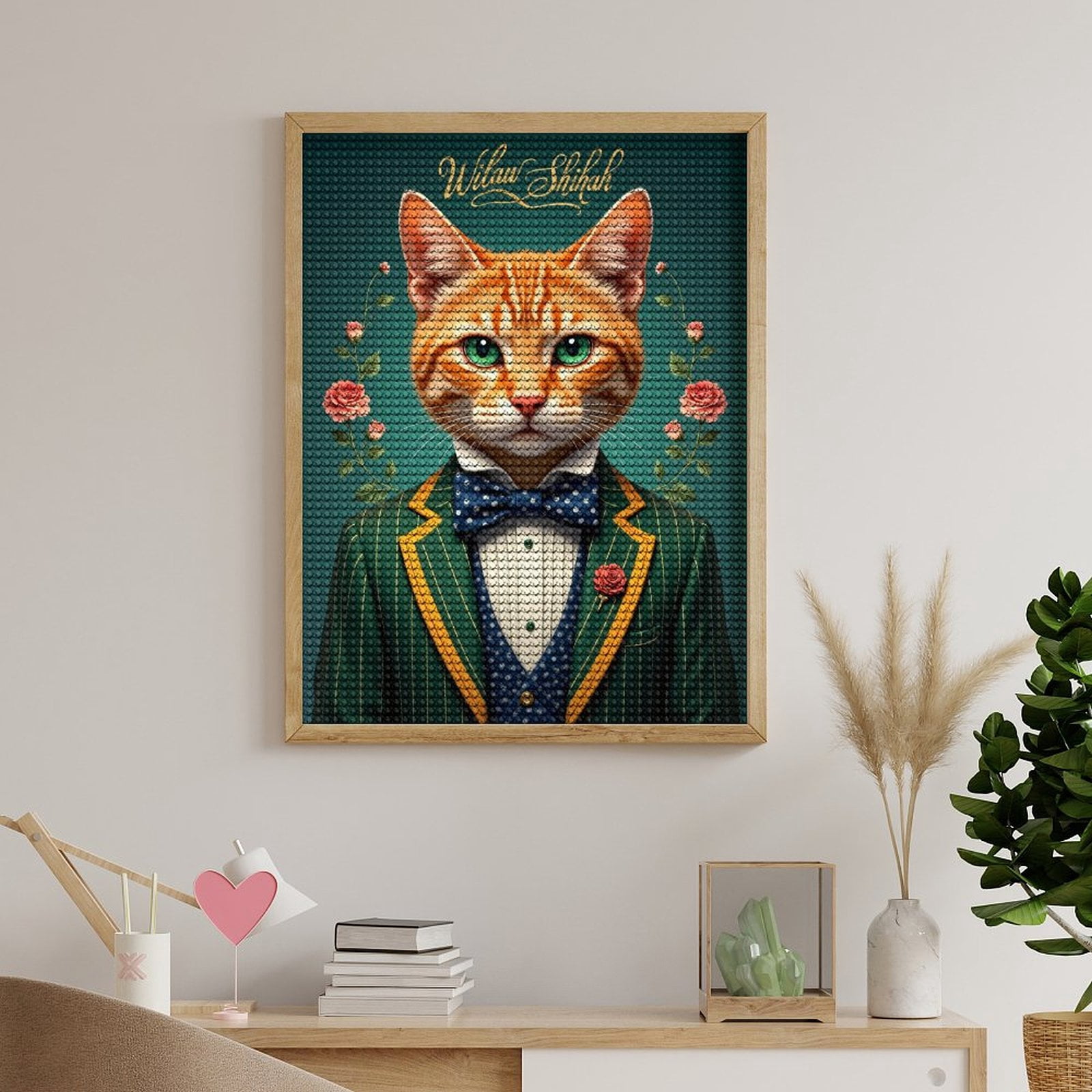 Diamond Art Kits for Adults, Smart Feline Suit Bow Floral Background 5D Diamond Painting Kits for Adults Beginners, DIY Full Drill Diamond Painting, Gem Art and Crafts 12x16