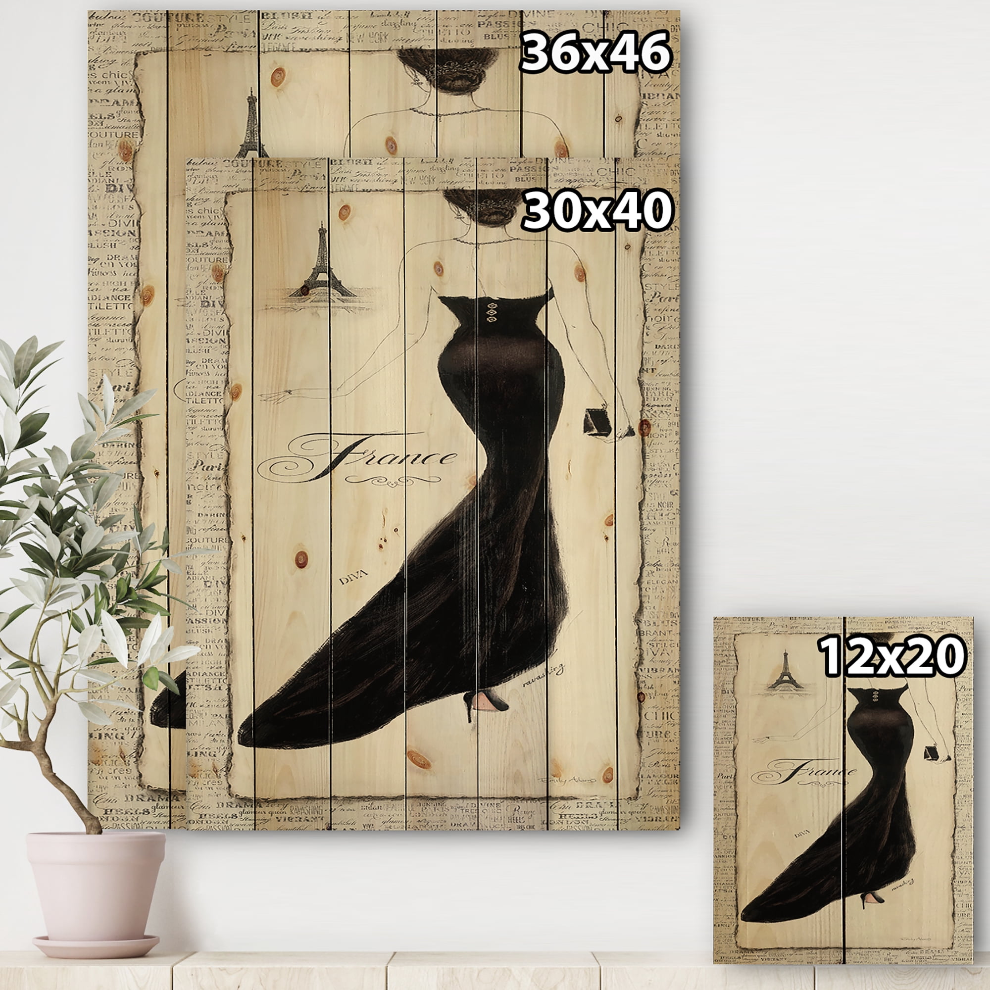 Designart 'Elegance Woman Glam Paris Diva II' Fashion Print on Natural Pine Wood
