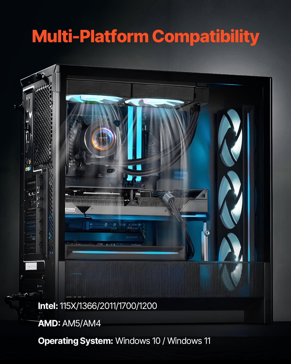 VEVOR CPU Liquid Cooler, AIO CPU Water Cooler - 120mm PWN Fans & Pump, Customizable Black PC Liquid Cooler with 2.1'' LCD Display & ARGB light, for Intel 115X/1366/2011/1700/1200, AMD AM4/AM5