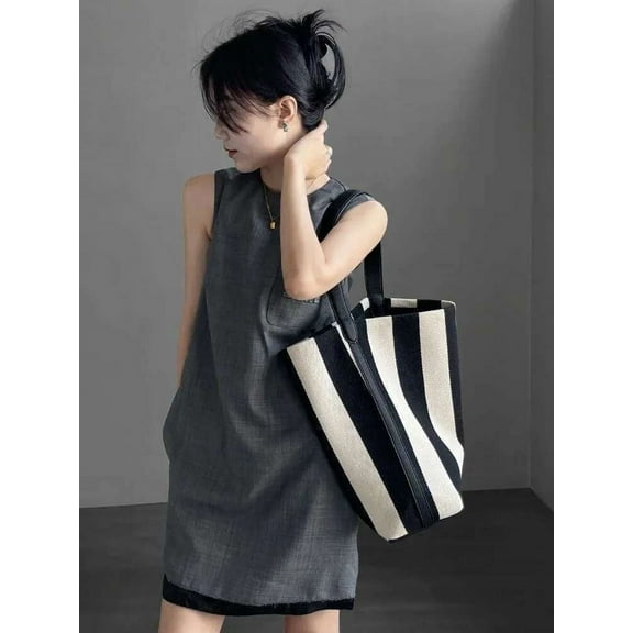 Stylish Women's Stripe Canvas Overnight Travel Tote Bag with Adjustable Strap