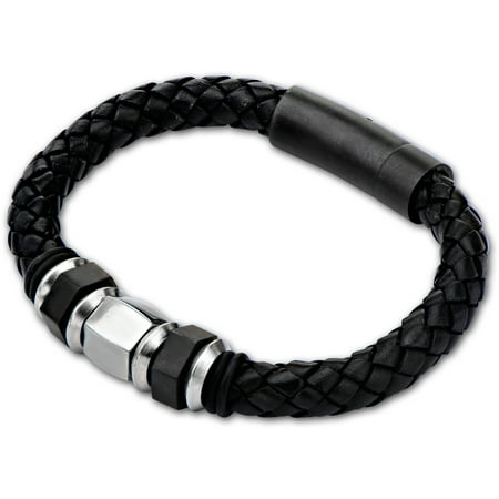 Steel Art Men's Stainless Steel Ip Black And Steel Bead Braided Black Leather Bracelet, 8-1/2